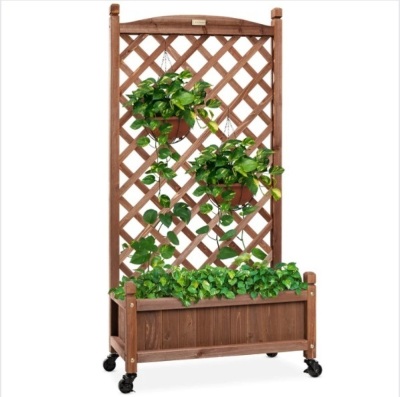 Wood Planter Box & Lattice Trellis w/ Drainage, Optional Wheels - 60in, Appears New