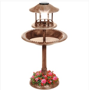 Solar Lighted Outdoor Pedestal Bird Bath w/ Planter, Decorative Bird Cage, Appears New