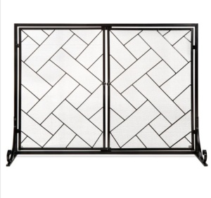 2-Panel Wrought Iron Geometric Fireplace Screen w/ Magnetic Doors - 44x33in, Appears New