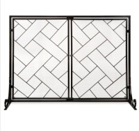 2-Panel Wrought Iron Geometric Fireplace Screen w/ Magnetic Doors - 44x33in, Appears New