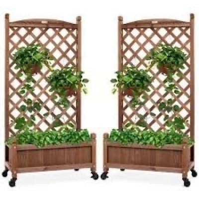 Set of 2 Wood Planter Box & Lattice Trellis w/ Optional Wheels - 48in