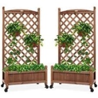  Set of 2 Wood Planter Box & Lattice Trellis w/ Optional Wheels - 48in