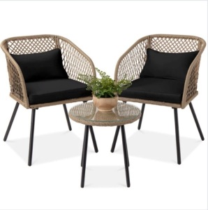 3-Piece Outdoor Diamond Weave Wicker Bistro Set w/ Tempered Glass Side Table, Appears New