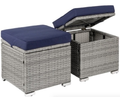 Set of 2 Wicker Ottomans, Multipurpose w/ Removable Cushions, Steel Frame, Gray/Navy