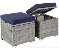 Set of 2 Wicker Ottomans, Multipurpose w/ Removable Cushions, Steel Frame, Gray/Navy