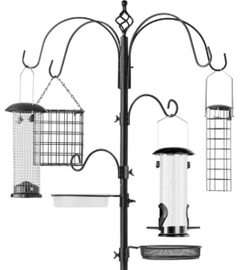 Bird Feeding Station, 6-Hook Steel Multi-Feeder Stand w/ 4 Feeders - 89in, Black