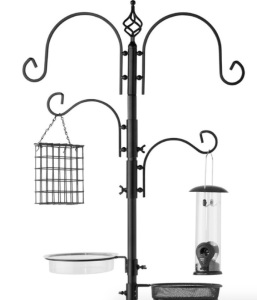 4-Hook Bird Feeding Station, Steel Feeder Stand w/ 2 Bird Feeders - 91in, Black