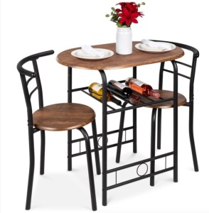 3-Piece Wooden Table & Chairs Dining Set w/ Lower Storage Shelf, Black/Brown