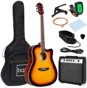 Beginner Acoustic Electric Cutaway Guitar Set w/ Case, Strap - 41in, Appears New/Box Damaged