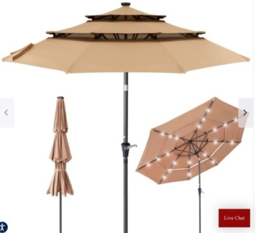 3-Tier Solar Patio Umbrella w/ LED Lights, Tilt Adjustment, Crank - 10ft, Like New, Retail - $99.99