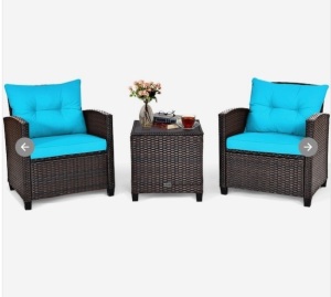 3-Piece Rattan Patio Conversation Set with Cushions, Appears New