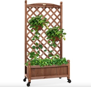 Wood Planter Box & Lattice Trellis w/ Drainage, Optional Wheels - 48in