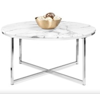 Round Coffee Table w/ Faux Marble Top, Metal Frame - 36in
