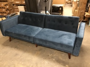 Blue Suede Split Seat and Back Convertible Futon Couch - E-Comm Return, Appears New