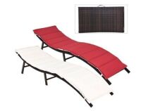 Brown Rattan Outdoor Lounge Chairs with Red or Beige Reversible Cushions