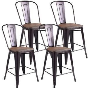 Set of 4 Rustic Metal Wood Bar Chairs