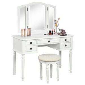 Tri-Fold Mirror Wooden Vanity Set Makeup Dressing Table with Stool and 5 Drawers