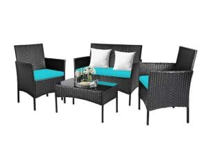 4-Piece Wicker Patio Conversation Set with Blue Cushions