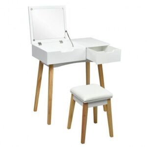 Vanity Makeup Table Cushioned Stool Set with Flip Top Mirror 