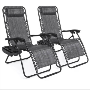 Set of 2 Adjustable Zero Gravity Patio Chair Recliners w/ Cup Holders, Appears New/Box Damaged
