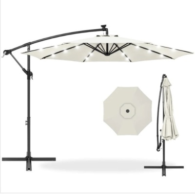 Solar LED Offset Hanging Patio Umbrella w/ Crank Tilt Adjustment - 10ft, Ecommerce Return/Box Damaged