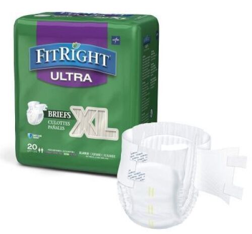 FitRight Ultra Adult Diapers, Disposable Incontinence Briefs with Tabs, Heavy Absorbency, X-Large, 57"-66", 4 packs of 20 (80 total) - NEW