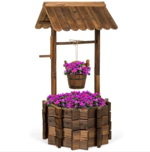 Rustic Wooden Wishing Well Planter Yard Decoration w/ Hanging Bucket, Appears New