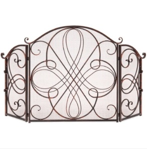 3-Panel Wrought Iron Metal Fireplace Screen Cover w/ Scroll Design - 55x33in, Appears New