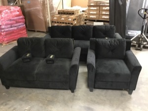 Black Microfiber Couch, Loveseat, & Chair, Top Side Corner Pieces of Couches Do Not Fit Easily - E-Comm Return