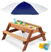 3-in-1 Kids Sand & Water Table Outdoor Wood Picnic Table w/ Umbrella, Appears New