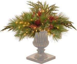 National Tree Company Pre-lit Artificial Christmas Urn Filler, Flocked with Mixed Decorations and Pre-strung LED White Lights with Stand, 30 Inch 