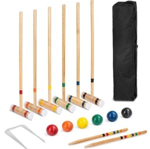 6-Player Wood Croquet Set w/ 6 Mallets, 6 Balls, Wickets, Stakes, Bag - 32in, Appears New