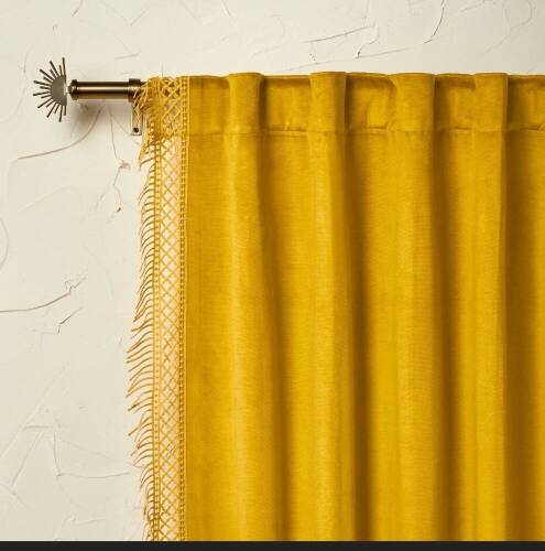 1pc 54"x84" Light Filtering Velvet Macrame Trim Window CurtainPanel Gold - Opalhouse designed with Jungalow, Like New, $33