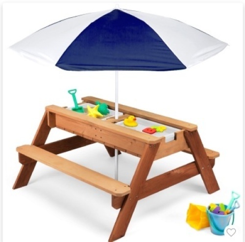Best Choice Products Kids 3-in-1 Outdoor Convertible WoodActivity Sand & Water Picnic Table w/ Umbrella - Navy, Like New, Retail - $114.99