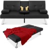 Faux Leather Upholstered Convertible Sofa Bed Futon w/ 2 Cupholders, Appears New/Box Damaged