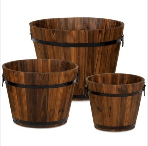 Set of 3 Rustic Wood Bucket Barrel Garden Planters Set w/ Drainage Holes, Appears New