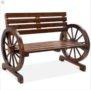2-Person Rustic Wooden Wagon Wheel Bench w/ Slatted Seat and Backrest, Appears New