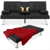 Faux Leather Upholstered Convertible Sofa Bed Futon w/ 2 Cupholders, Appears New