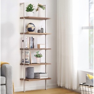 5-Shelf Wood Bookcase, Wall Mount Open Ladder Bookshelf Furniture with Metal Frame, Brown