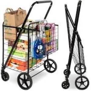 Folding Steel Grocery Cart w/ Double Basket, Swivel Wheels, 220lb Cap