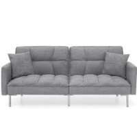 Convertible Linen Tufted Futon w/ 2 Plush Pillows, Split-Back Design