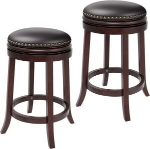 Furgle 25-inch Solid Wood Upholstered Backless Bar Stool PU Leather Cushioned Seat w/Brass Nailhead Studs, Set of 2 