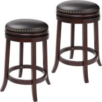 Furgle 25-inch Solid Wood Upholstered Backless Bar Stool PU Leather Cushioned Seat w/Brass Nailhead Studs, Set of 2&nbsp;