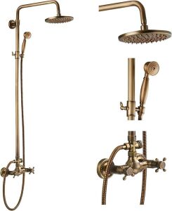 Antique Brass Bath Shower Faucet System 8" Rainfall Shower Head, Handheld Sprayer