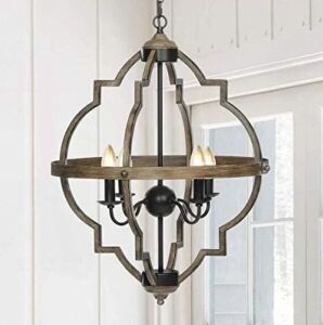 KingSo Industrial 4 Light Rustic Metal Chandelier 27.5" Oil Rubbed Bronze Finish Wood Texture 