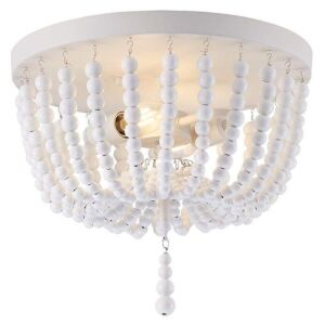 Bestgoods 2-Lights 14in Dia. Flush Mount Ceiling Light, Wood Beaded Chandelier Pendant