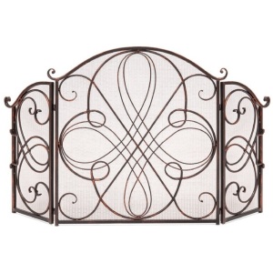 3-Panel Wrought Iron Metal Fireplace Screen Cover w/ Scroll Design - 55x33in