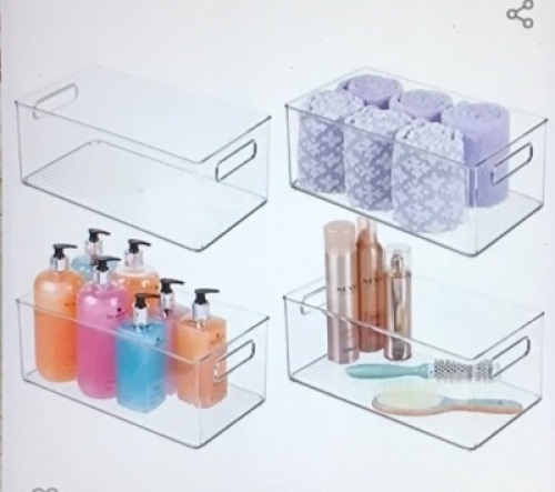 mDesign Deep Plastic Storage Organizer Container Bin, Bathand Shower Organization for Cabinet, Cupboard, Shelves,Counter, or Closet - Holds Shampoo, Vitamins, Hair andBeauty Supplies, 4 Pack, Clear, Like New, retail - $55.99