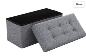 Ornavo Home Foldable Tufted Linen Large Storage Ottoman Bench FootRest Stool/Seat - 15" x 30' x 15" (Grey), Like New, retail - $49.99