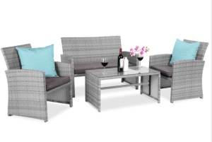 4-Piece Outdoor Wicker Conversation Patio Set w/ 4 Seats, Glass Table Top, Gray/Gray, Appears New